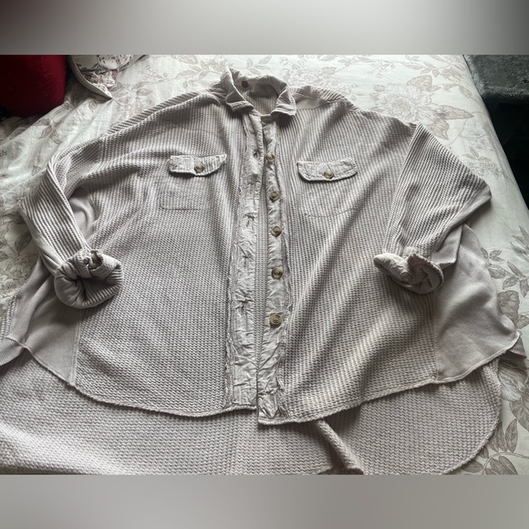 Free People One Scout Waffle Knit Shirt Jacket XS Lilac Oversized Boho Lagenlook - Picture 2 of 8